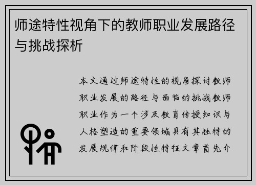 师途特性视角下的教师职业发展路径与挑战探析